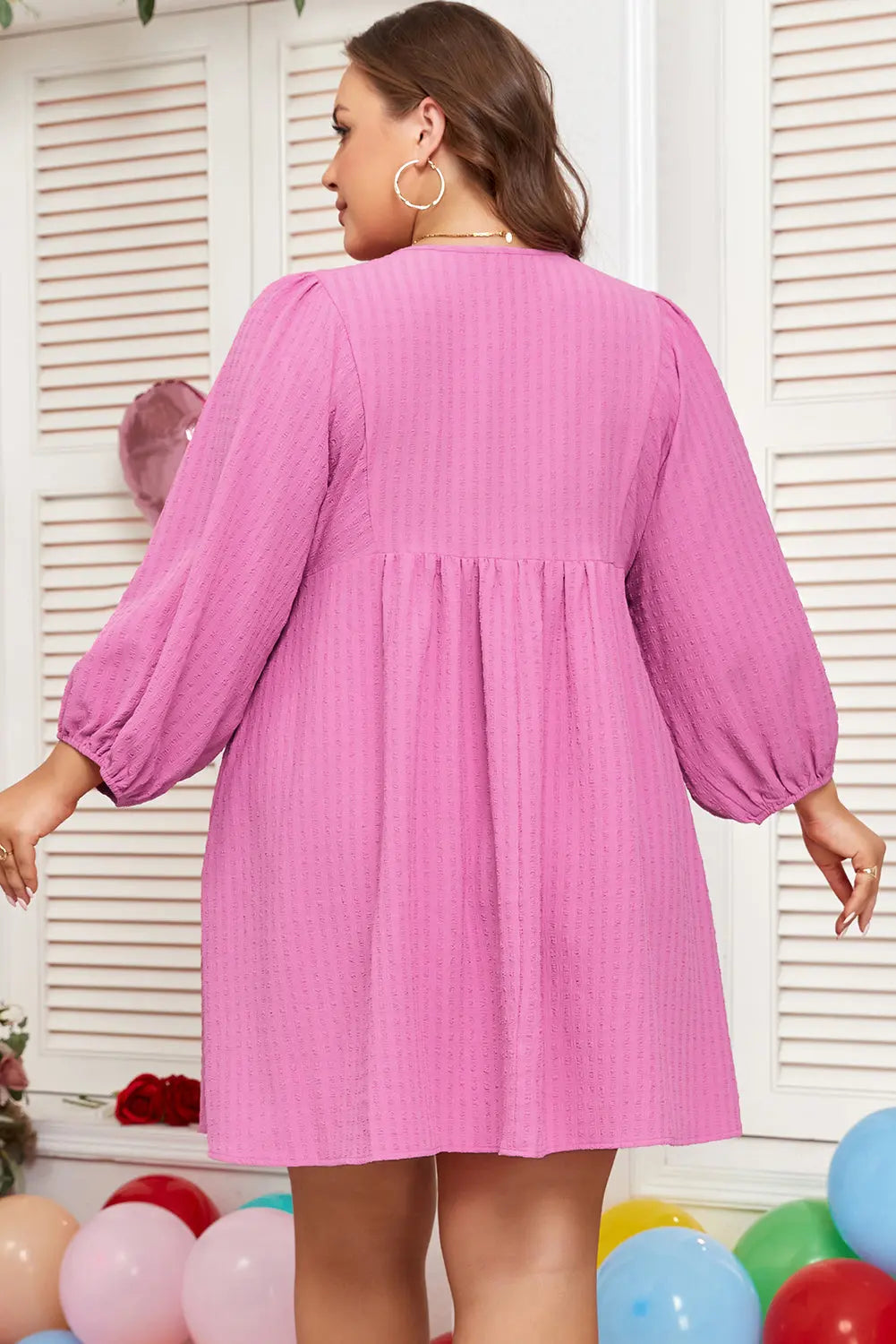 Sachet Pink Plus Size Textured Tie Split Neck Puff Sleeve Flowy Mini Dress Dear-Lover Dropshipping