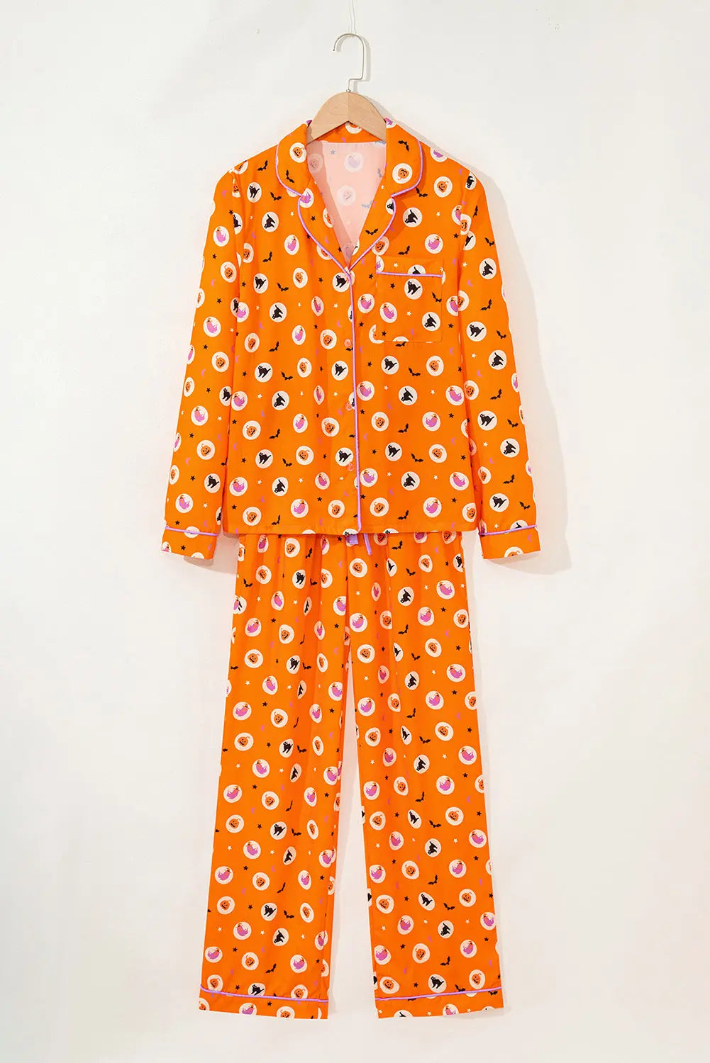 Orange Halloween Print Lapel Shirt Long 2pcs Pajama Set Dear-Lover Dropshipping