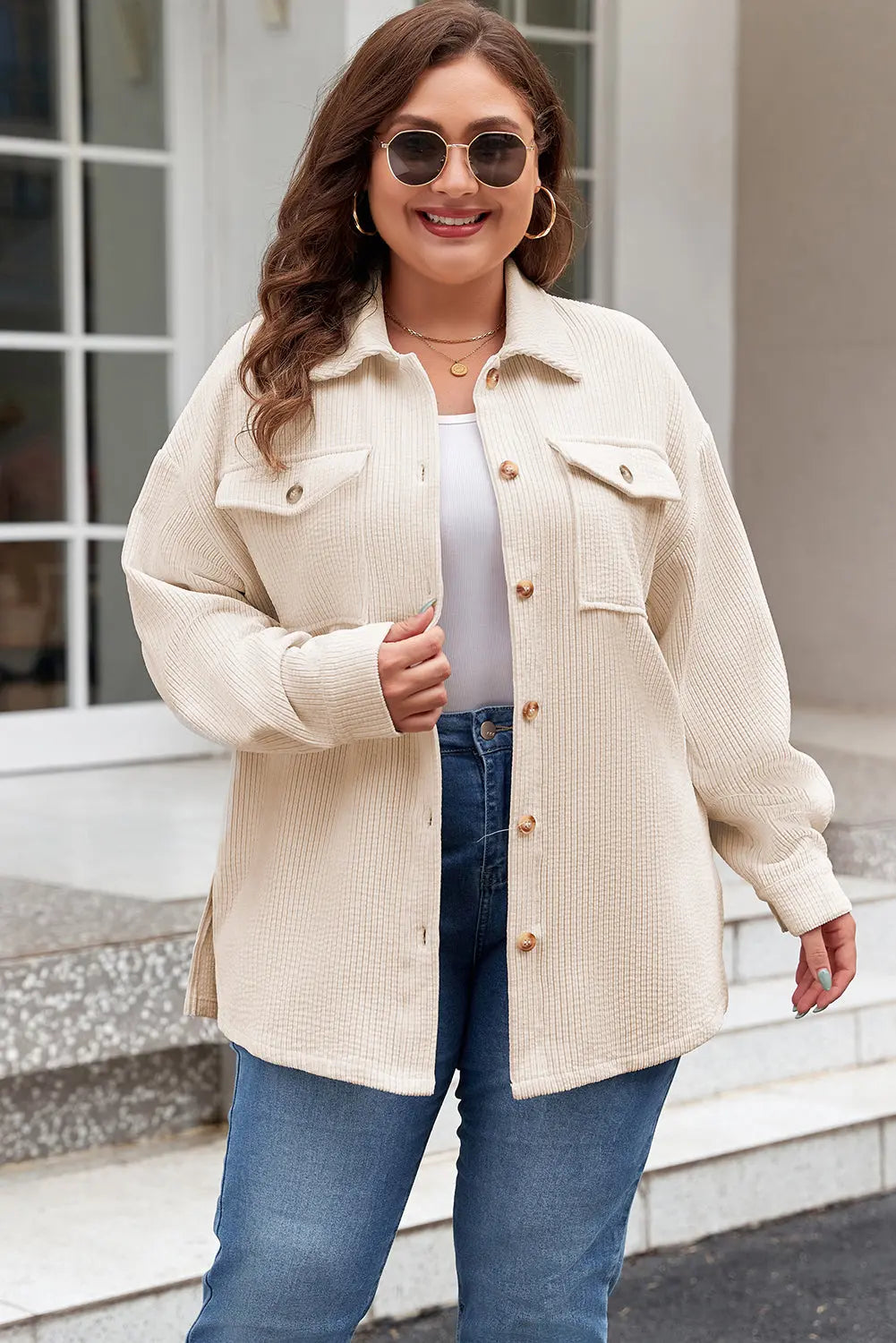 Oatmeal Textured Flap Pockets Buttoned Plus Size Shacket Dear-Lover Dropshipping