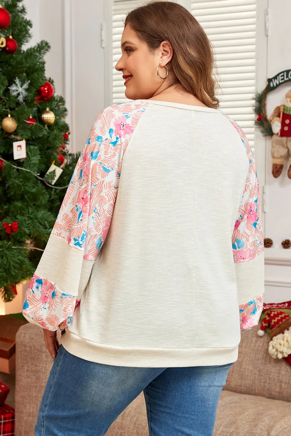 Apricot Plus Size Floral Patchwork Ribbed Puff Sleeve Top Dear-Lover Dropshipping