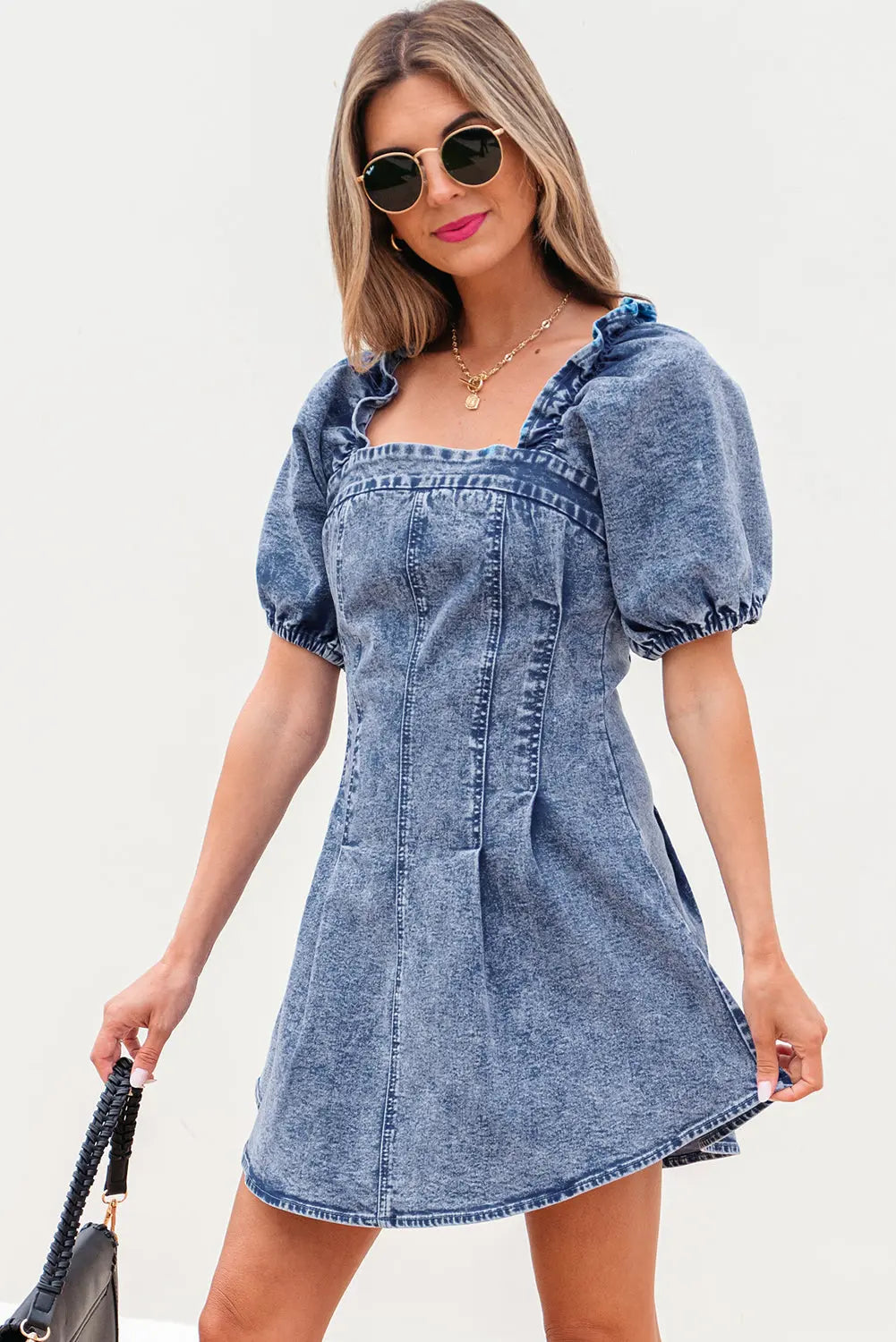 Blue Frilly Square Neck Bustier Puff Sleeve Short Denim Dress Dear-Lover Dropshipping