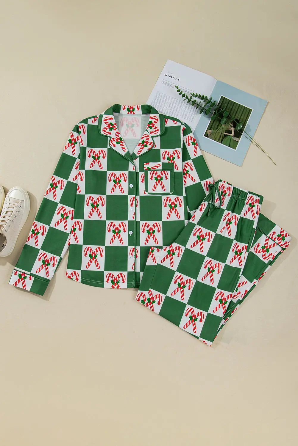 Green Holly Jolly Checkered Pattern 2pcs Long Pajama Set Dear-Lover Dropshipping