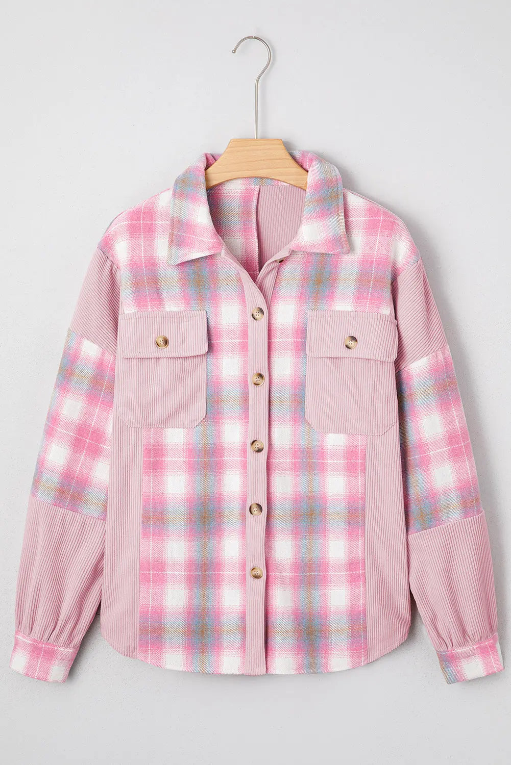 Pink Brushed Plaid Corduroy Flap Pockets Patchwork Shacket Dear-Lover Dropshipping
