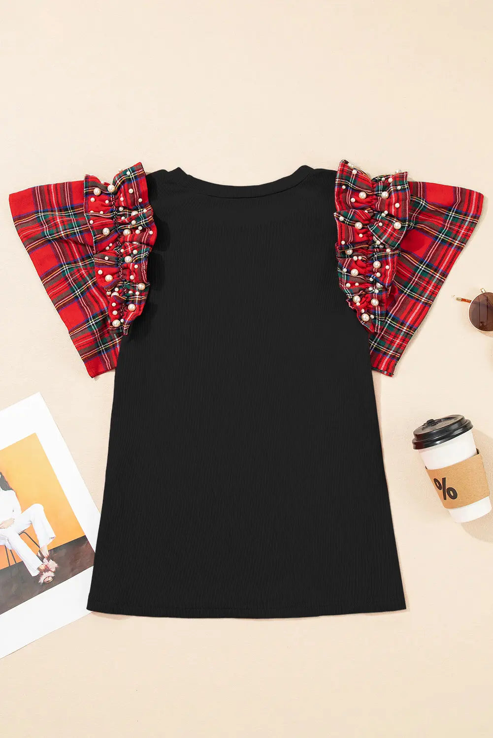 Black Plaid Pearl Ruffle Short Sleeve Loose T Shirt Dear-Lover Dropshipping