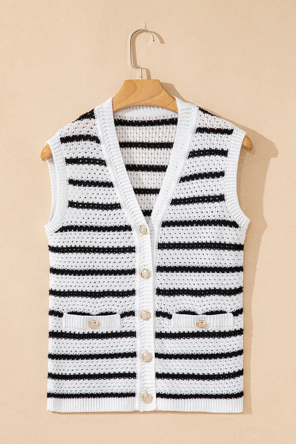 Black Stripe V Neck Gold Buttons Elegant Sweater Vest Dear-Lover Dropshipping