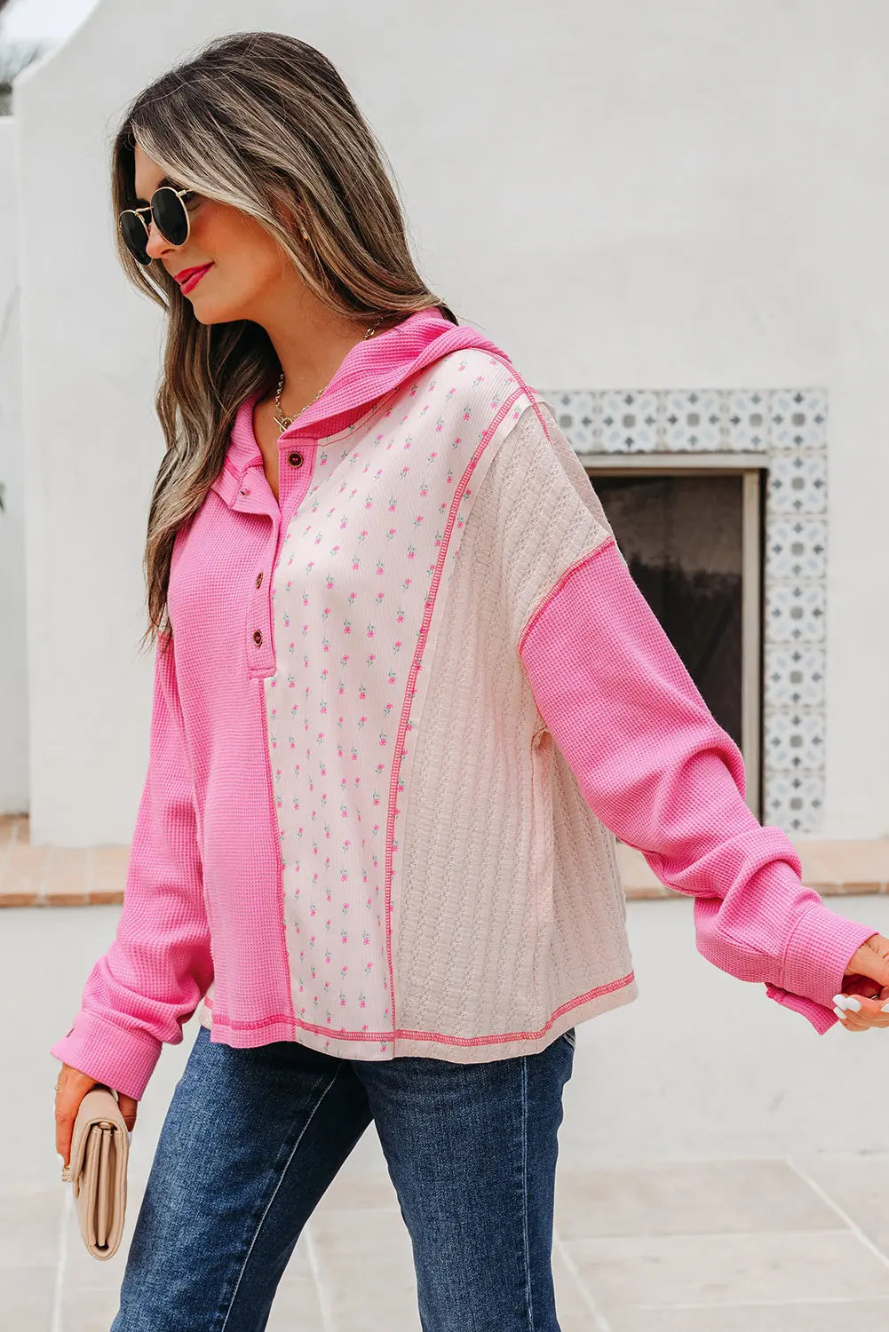 Pink Mixed Texture Waffle Floral Patchwork Hooded Oversize Pullover Dear-Lover Dropshipping
