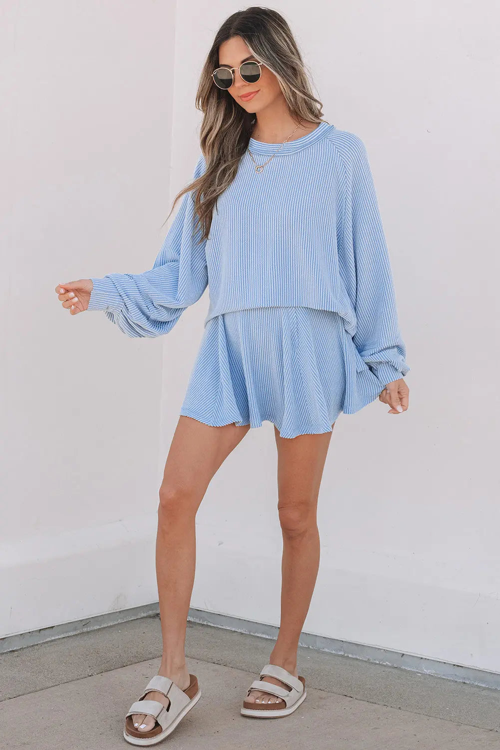 Sky Blue Corded Lantern Sleeve Top High Waist Ruffled Mini Skirt Set Dear-Lover Dropshipping