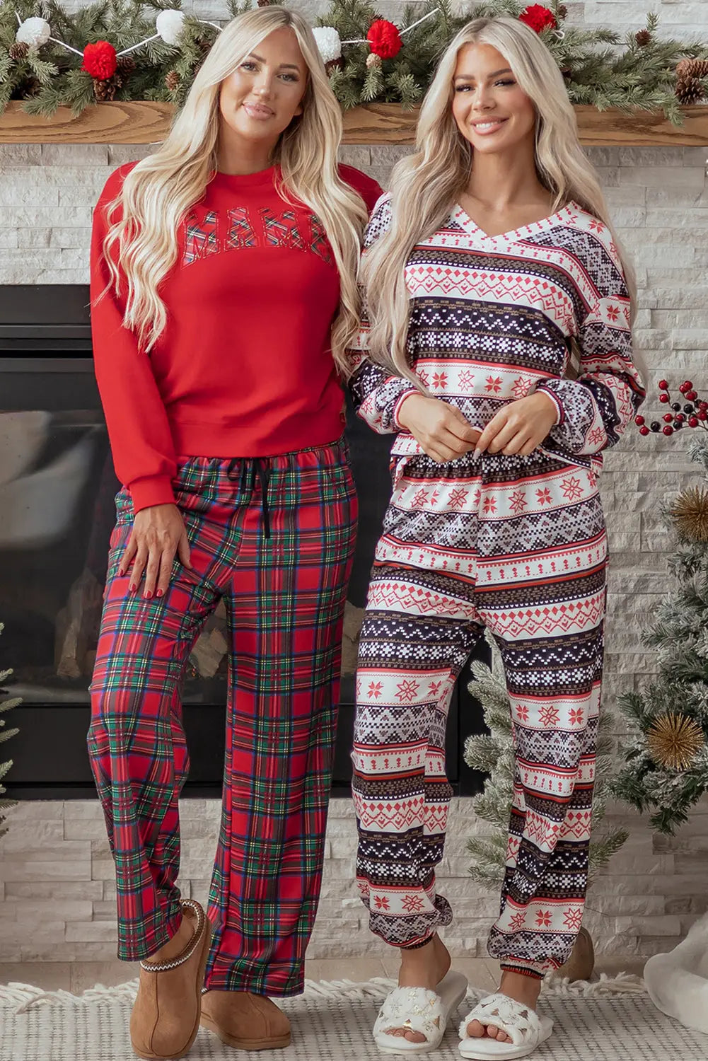 Red Plaid Mama Graphic Christmas Holiday Crewneck Pullover and Pants Two Piece Lounge Set Dear-Lover Dropshipping