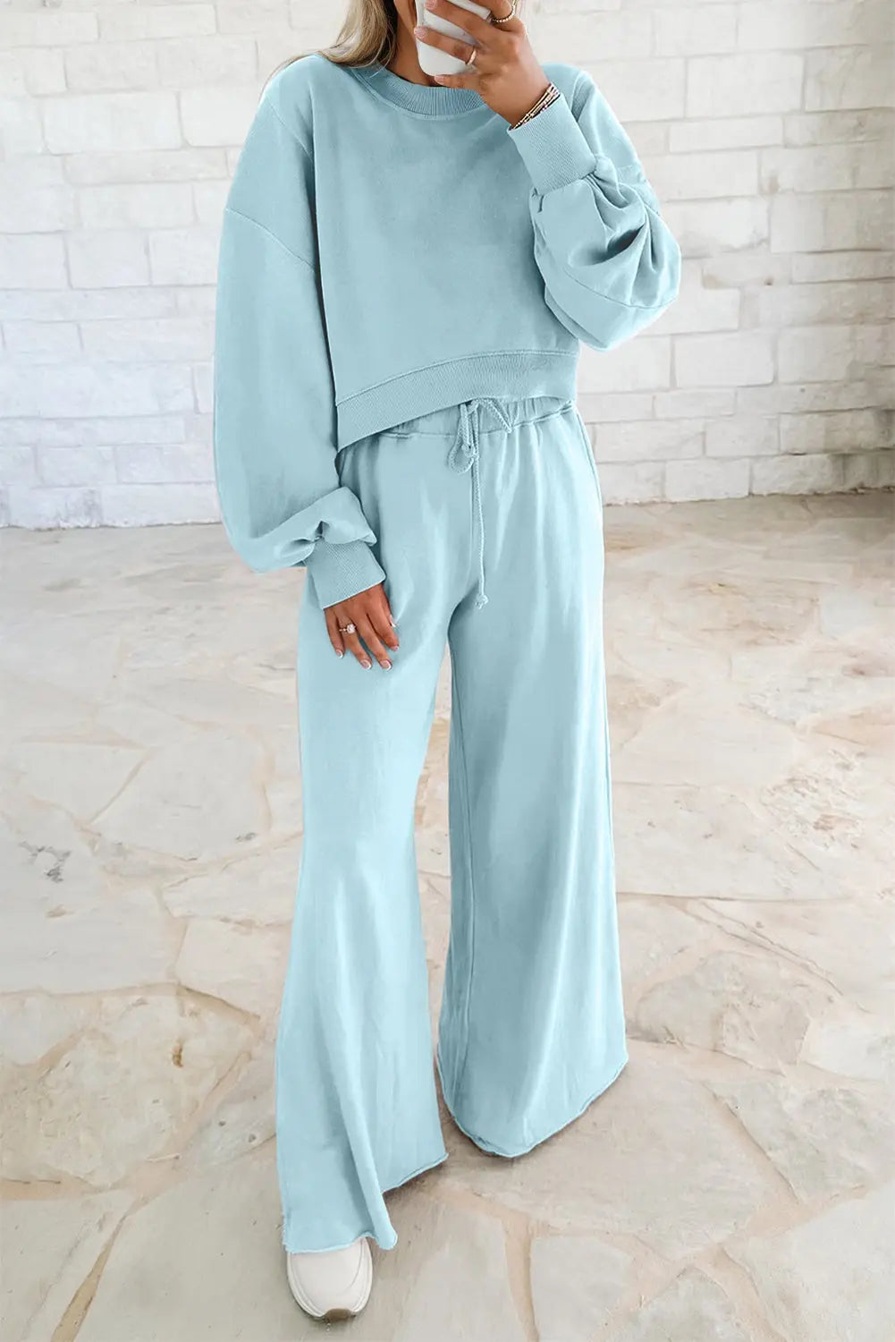 Mist Blue Drop Shoulder Puff Sleeve Crop Pullover Drawstring Wide Leg Pants Set Dear-Lover Dropshipping