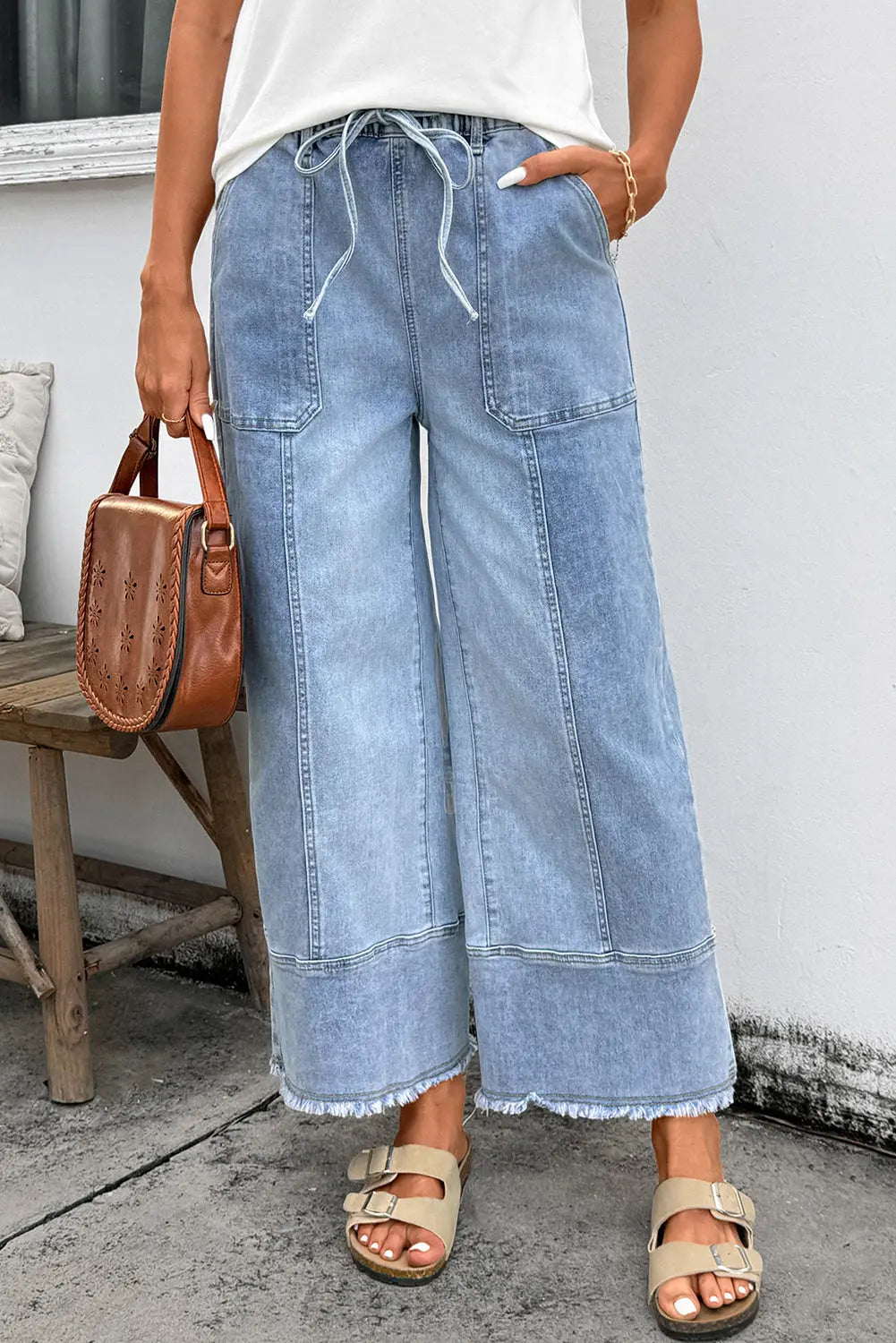 Beau Blue Drawstring Seam Detail Raw Hem Wide Leg Denim Pants Dear-Lover Dropshipping