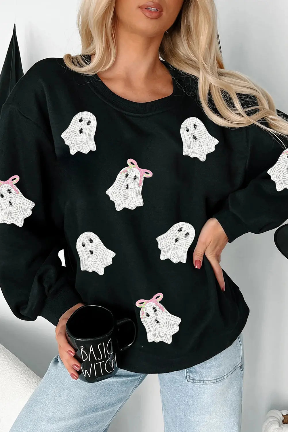 Black Sequin Cute Bow Ghost Graphic Crew Neck Halloween Sweatshirt Dear-Lover Dropshipping