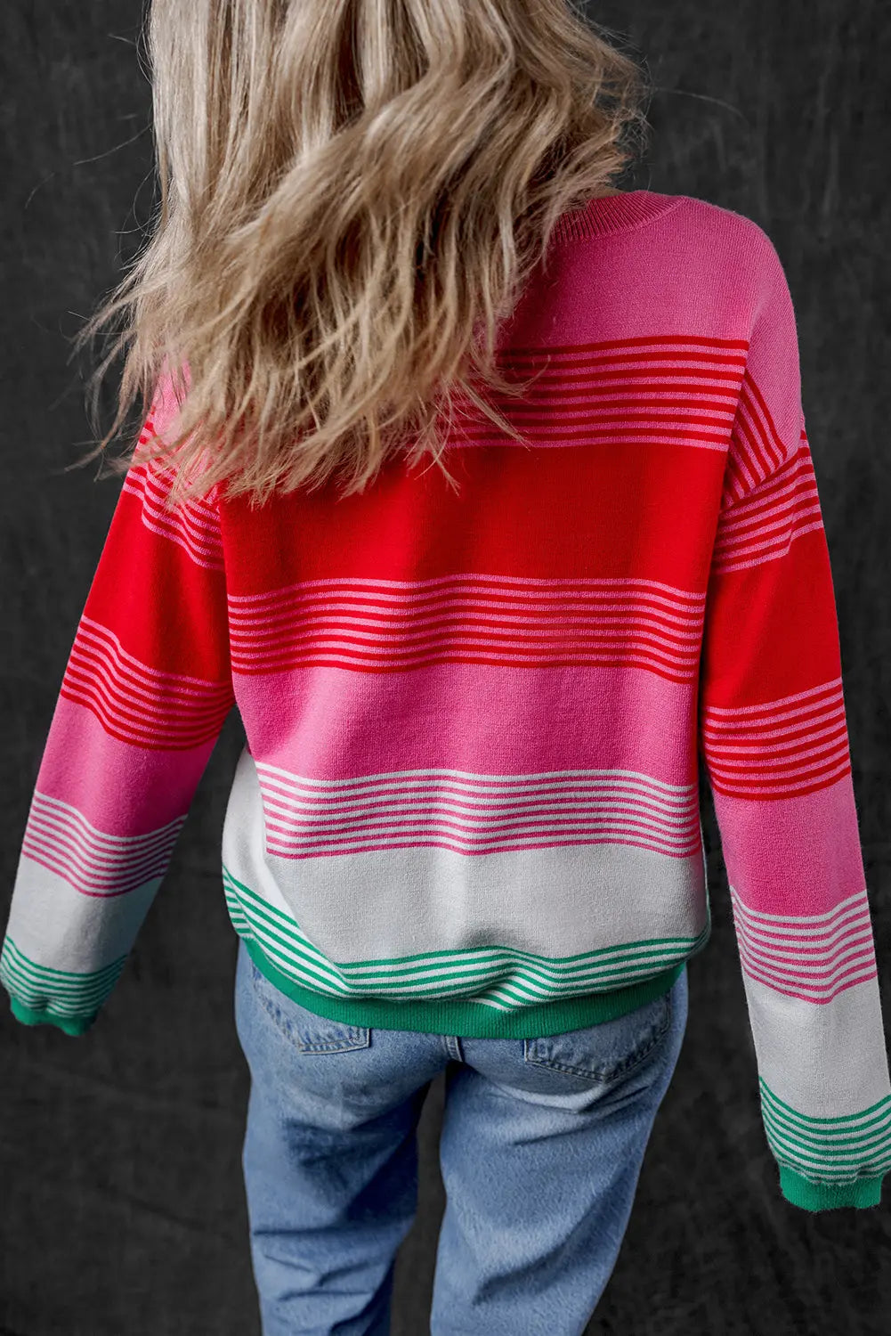 Rose Striped Knit Patch Pocket Drop Shoulder Sweater Dear-Lover Dropshipping