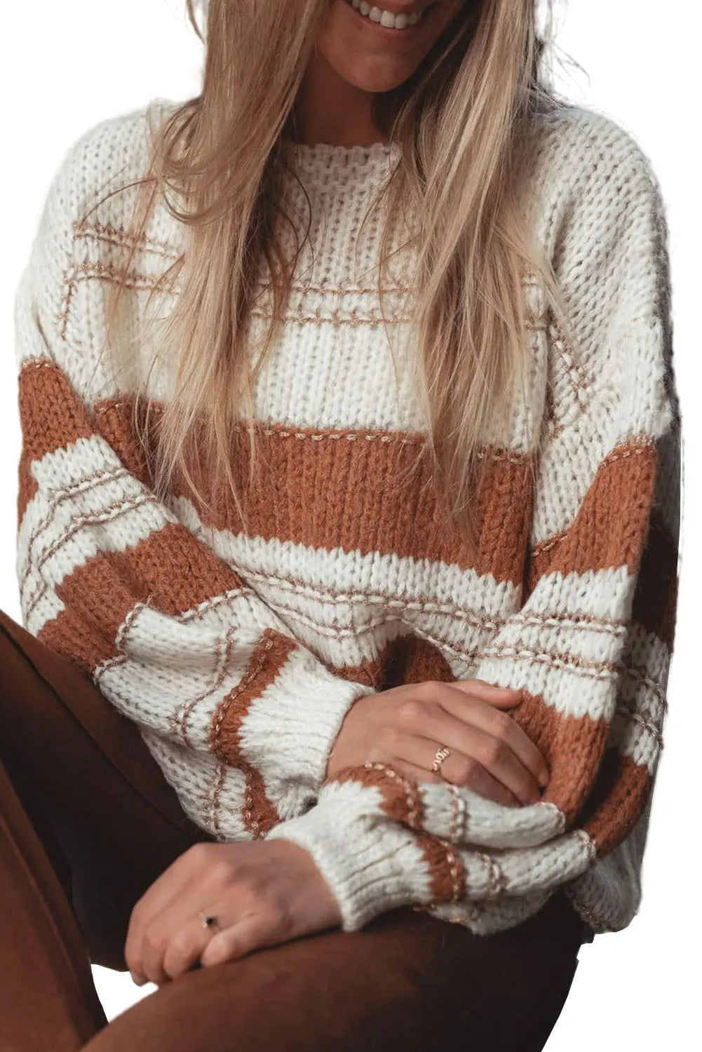 White Striped Knit Puff Sleeve Casual Sweater Dear-Lover Dropshipping