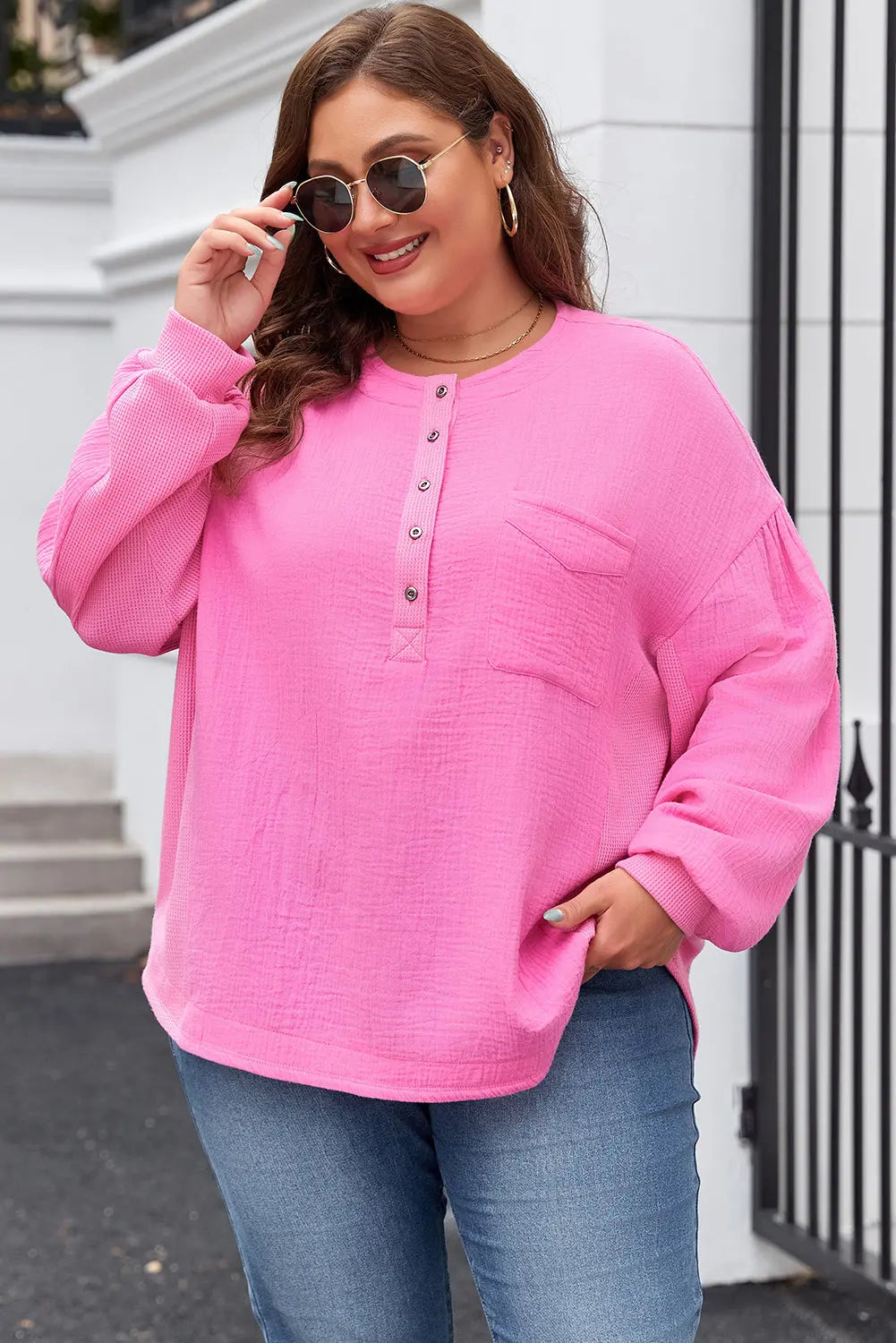 Bonbon Half Buttons Chest Pocket Drop Sleeve Plus Size Top Dear-Lover Dropshipping