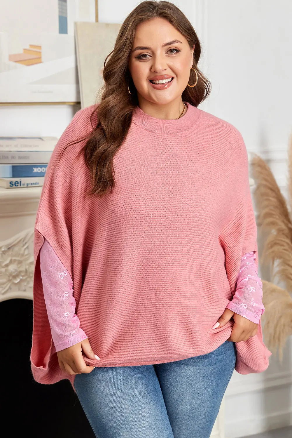 Light Pink Ribbed Knit Half Sleeve Plus Size Poncho Style Sweater Dear-Lover Dropshipping