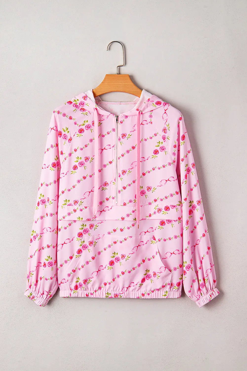 Pink Floral Print Half Zip Kangaroo Pouch Drawstring Hoodie Dear-Lover Dropshipping