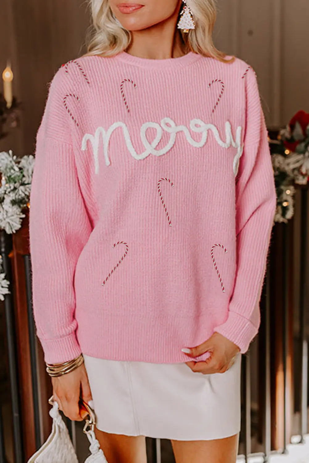 Pink Merry Candy Cane Puffy Knit Crew Neck Sweater Dear-Lover Dropshipping