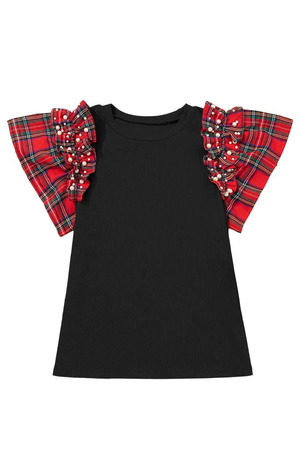 Black Plaid Pearl Ruffle Short Sleeve Loose T Shirt Dear-Lover Dropshipping