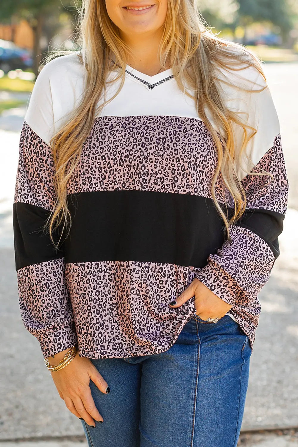 Black Leopard Print Colorblock V Neck Long Sleeve Plus Size Top Dear-Lover Dropshipping