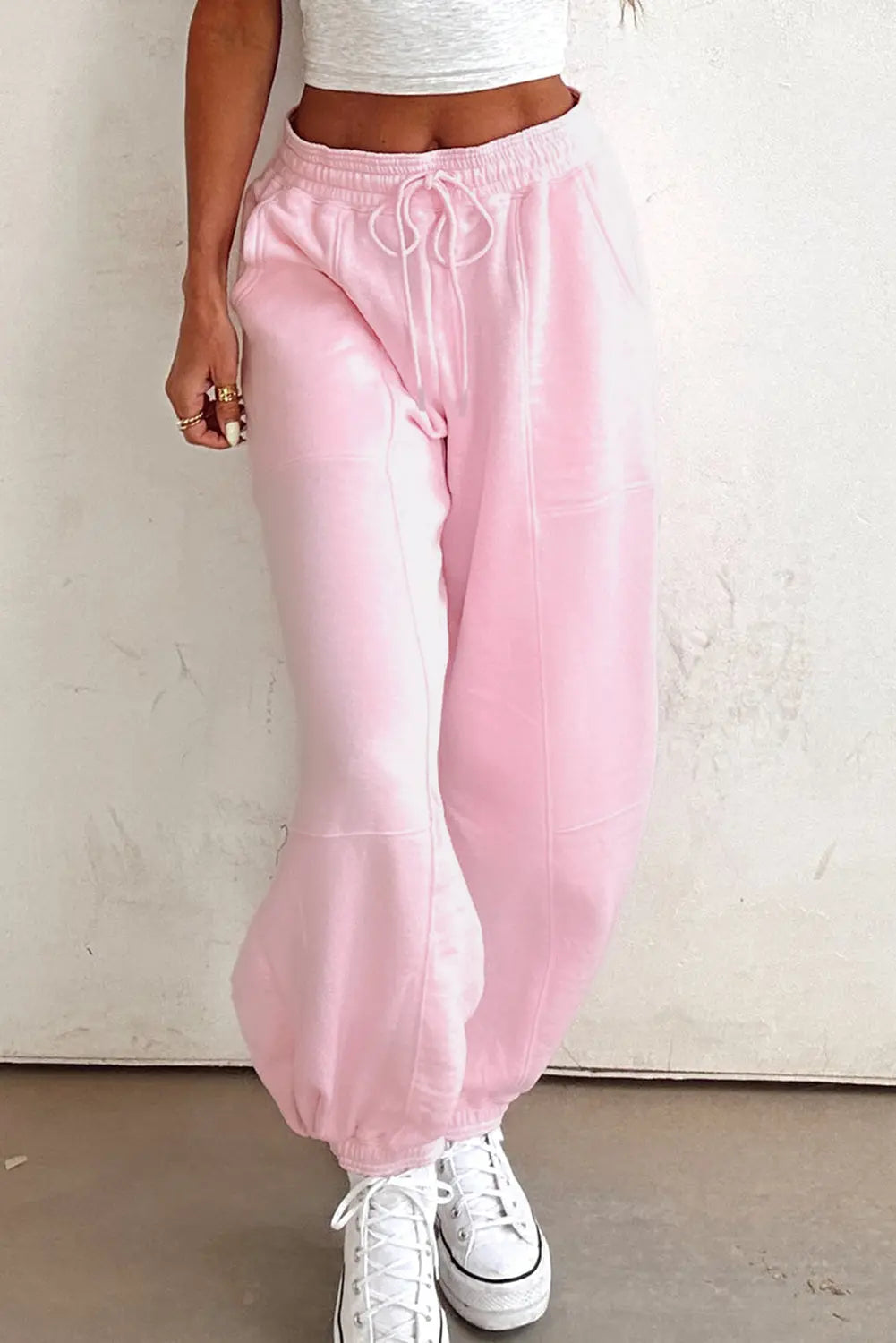 Light Pink Drawstring Elastic Waistband Solid Color Jogger Pants Dear-Lover Dropshipping