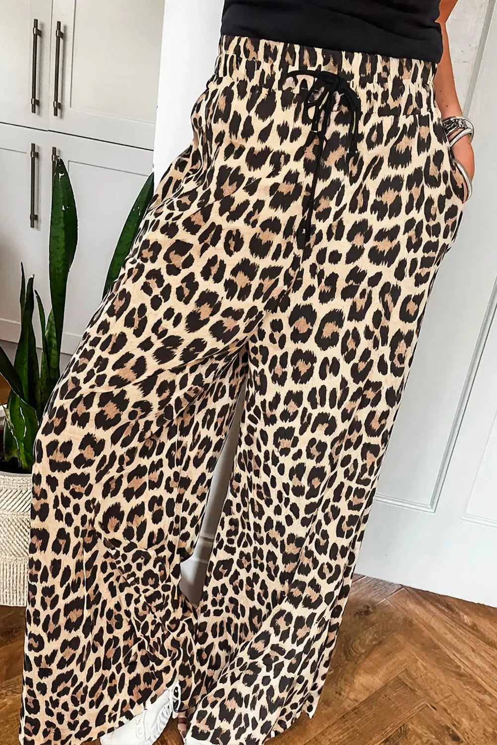 Parchment Leopard Drawstring Elastic Waistband Flowy Wide Leg Pants Dear-Lover Dropshipping