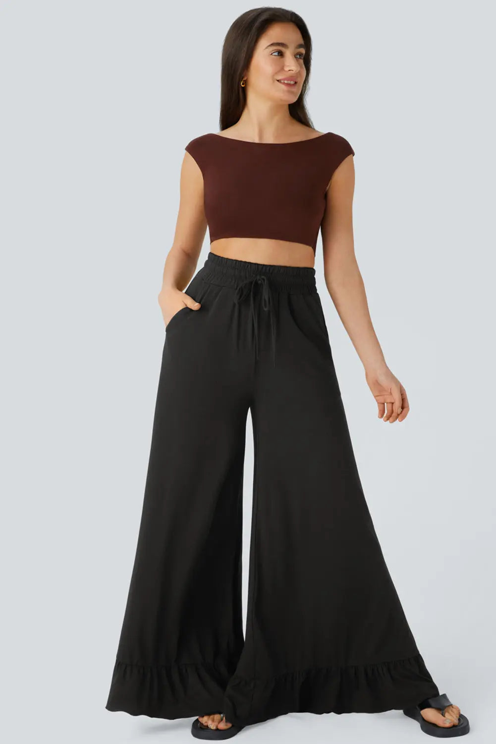 Black Ruffled Wide Leg Pull On High Waist Pants with Pockets Dear-Lover Dropshipping