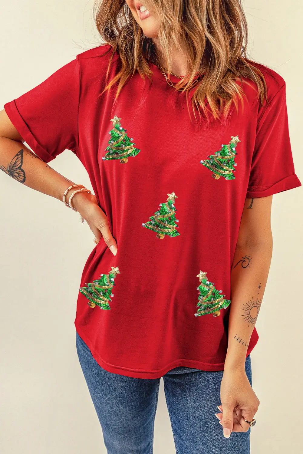 Red Sequined Christmas Tree Graphic Crewneck T Shirt Dear-Lover Dropshipping