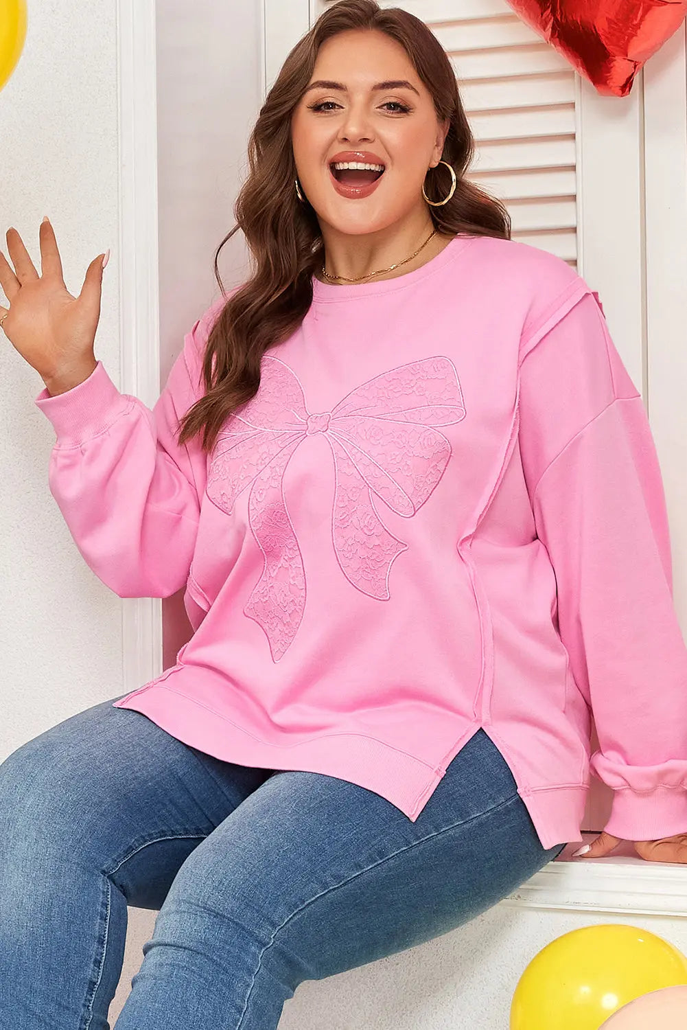 Pink Big Bow Lace Embroidered Dolman Sleeve Slit Plus Size Sweatshirt Dear-Lover Dropshipping