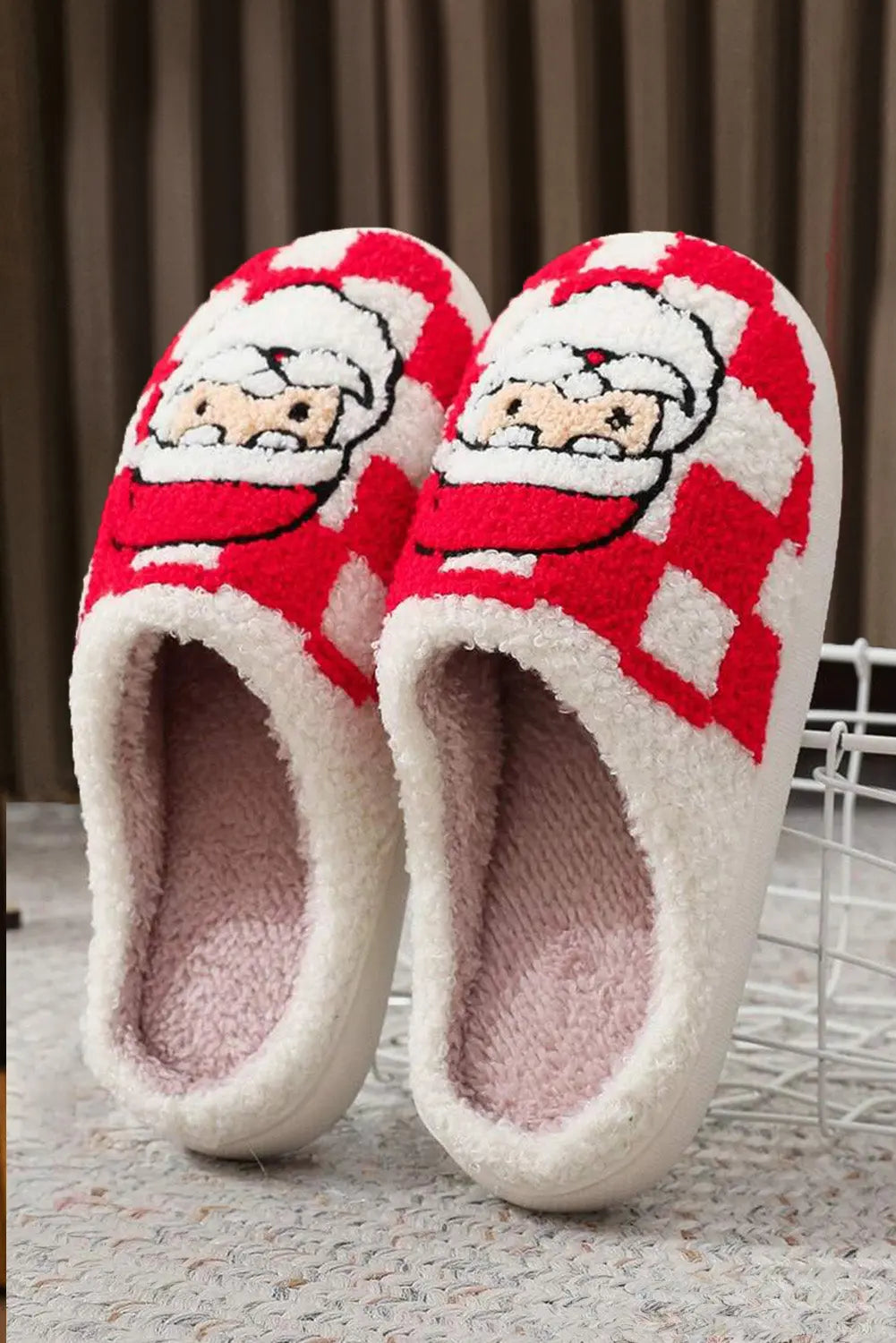 Fiery Red Checkered Santa Claus Graphic Plush Home Slippers Dear-Lover Dropshipping