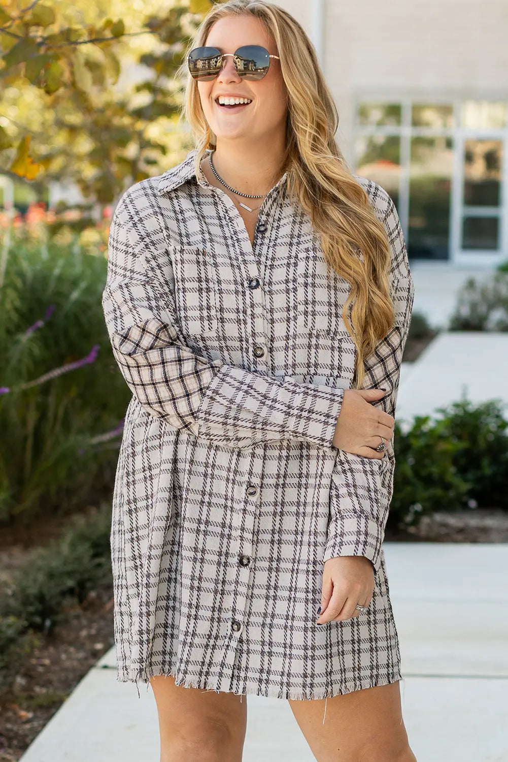 White Stripe Plus Size Plaid Buttoned Raw Hem Tunic Shirt Dress Dear-Lover Dropshipping
