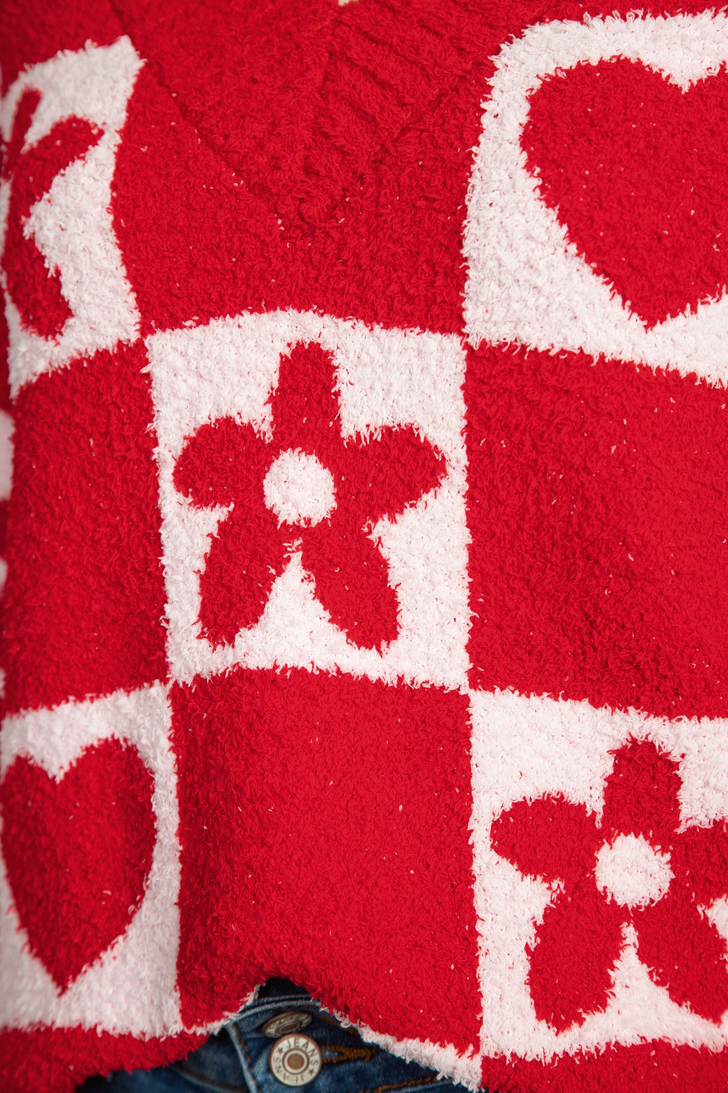 Fiery Red V Neck Flower Heart Detail Checkered Knit Loose Sweater