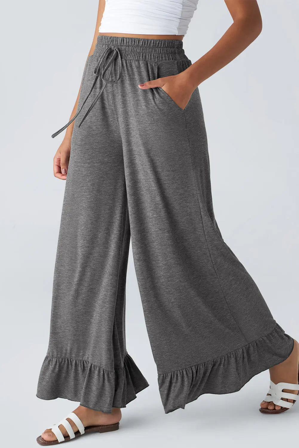 Medium Grey Ruffled Wide Leg Pull On High Waist Pants with Pockets Dear-Lover Dropshipping