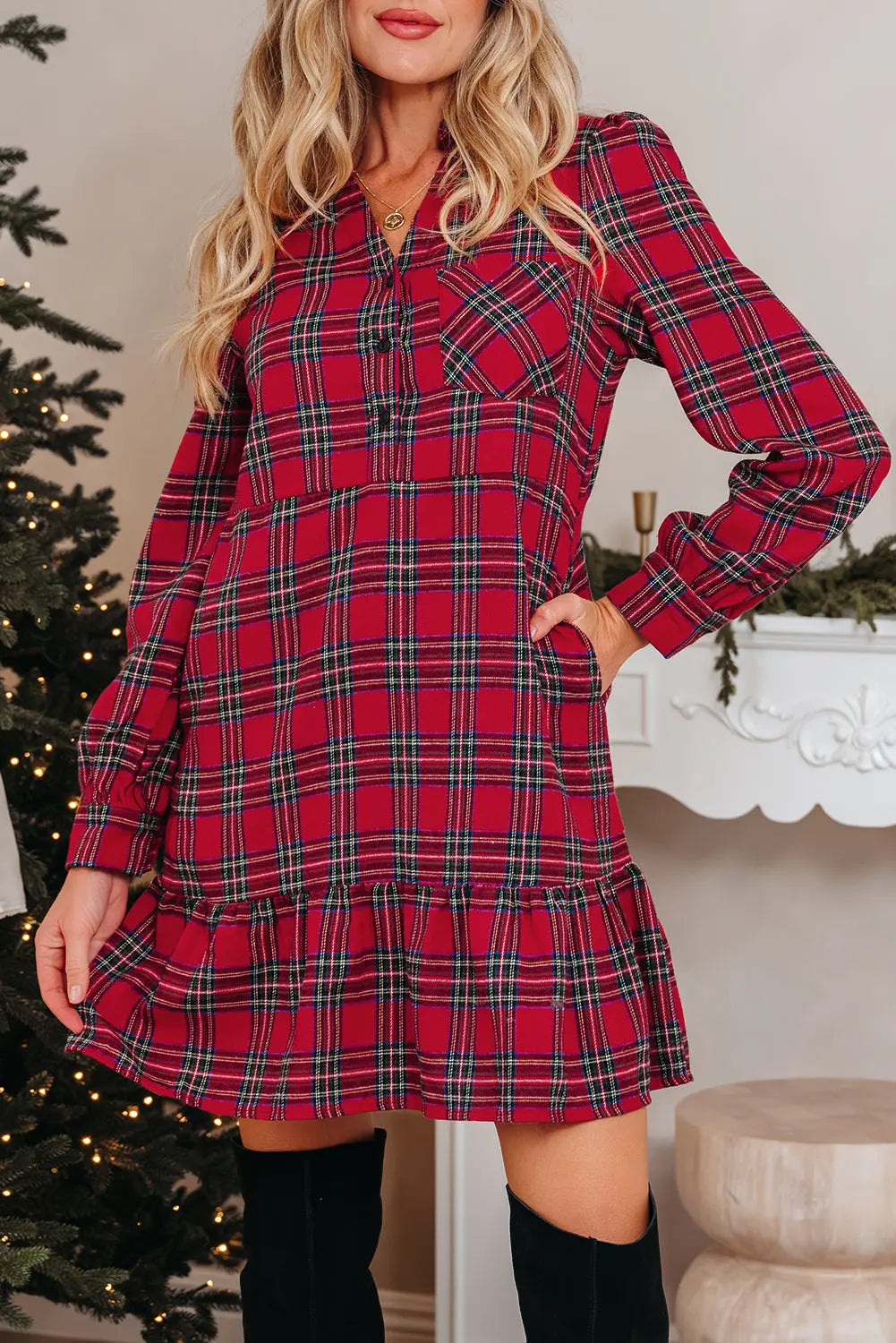 Red Plaid Shirt Collar Half Button Ruffle Hem Long Sleeve Mini Dress Dear-Lover Dropshipping
