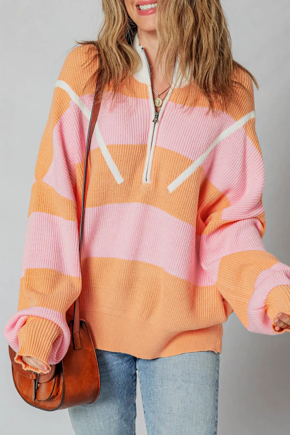 Orange Stripe Colorblock Half Zip Oversize Sweater Dear-Lover Dropshipping