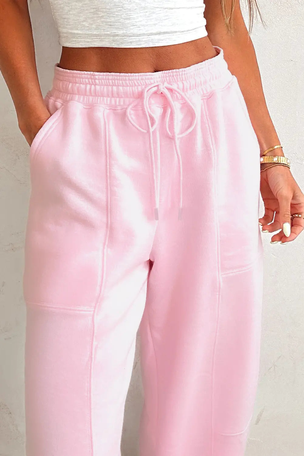 Light Pink Drawstring Elastic Waistband Solid Color Jogger Pants Dear-Lover Dropshipping