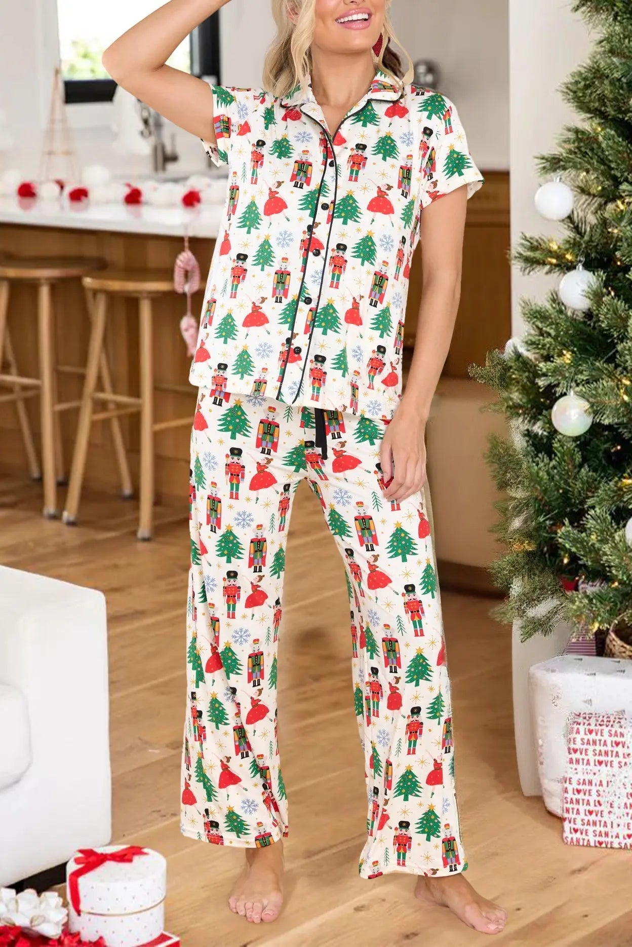 White Printed Christmas Pattern Buttoned Two Piece Sleepwear Dear-Lover Dropshipping