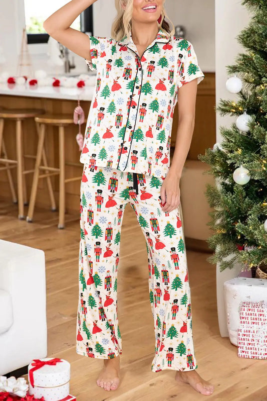White Printed Christmas Pattern Buttoned Two Piece Sleepwear Dear-Lover Dropshipping