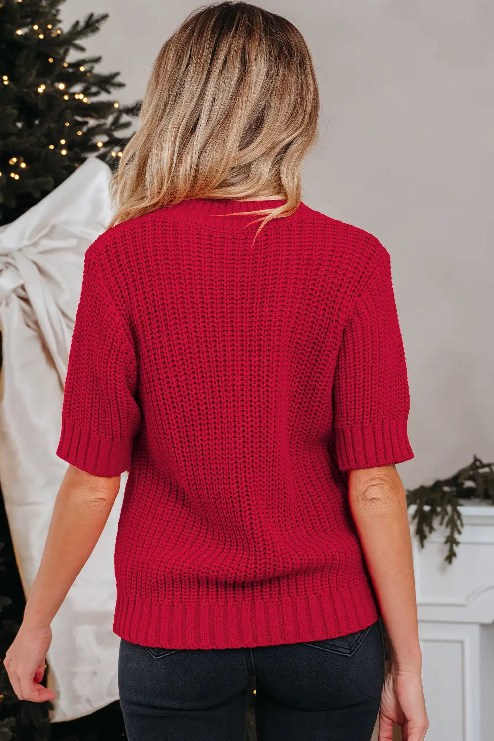 Fiery Red Plaid Lace up Detail Christmas Holiday Puff Short Sleeve Sweater Dear-Lover Dropshipping