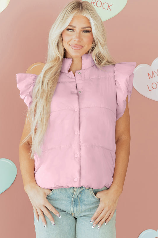 Pink Stand Neck Flutter Sleeve Snap Button Puffer Vest