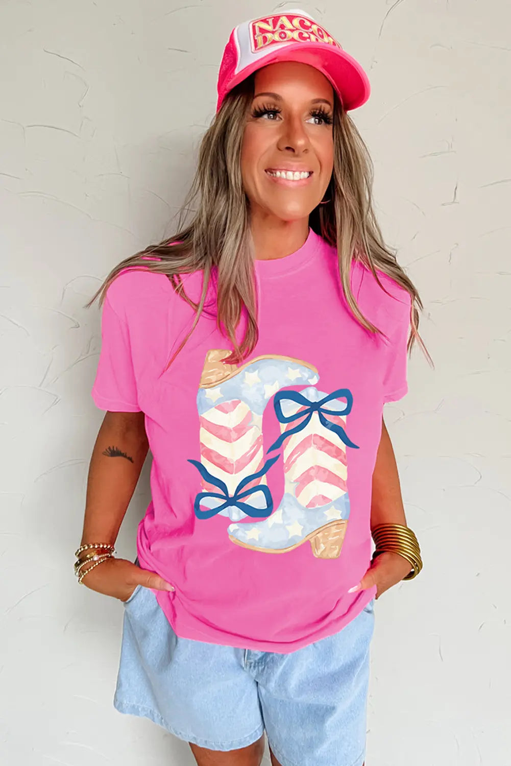 Sachet Pink Flag Pattern Boots Bow Accent Casual Graphic Tee Dear-Lover Dropshipping