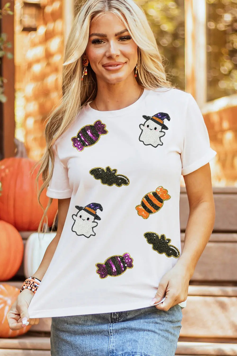 White Sequined Halloween Spirit Pattern Patched Custom Casual Tee Dear-Lover Dropshipping