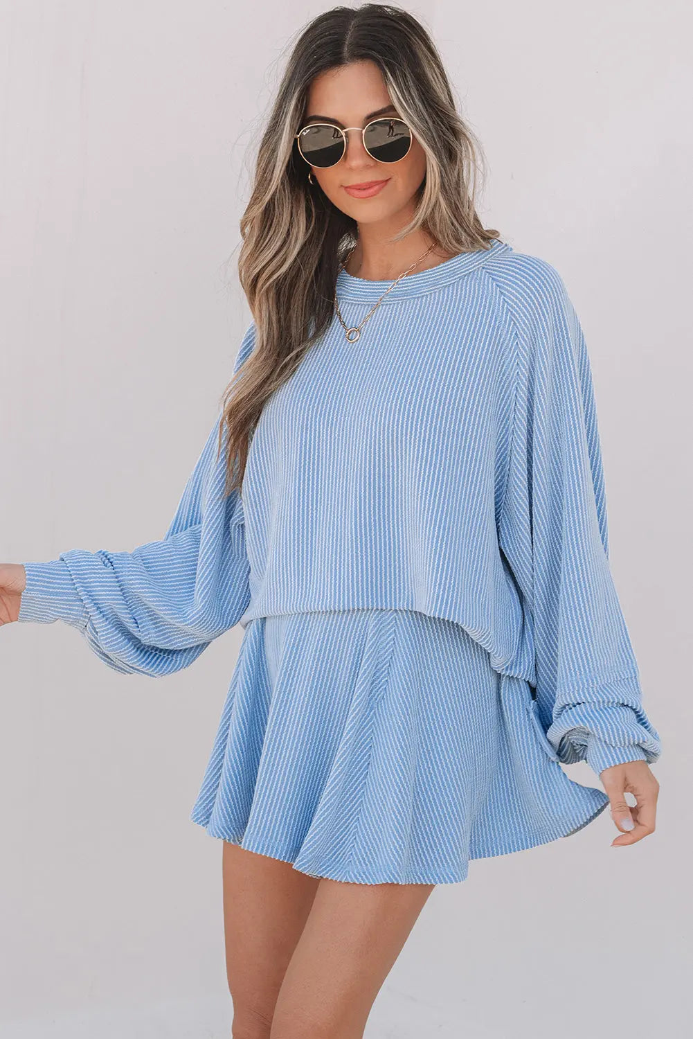 Sky Blue Corded Lantern Sleeve Top High Waist Ruffled Mini Skirt Set Dear-Lover Dropshipping