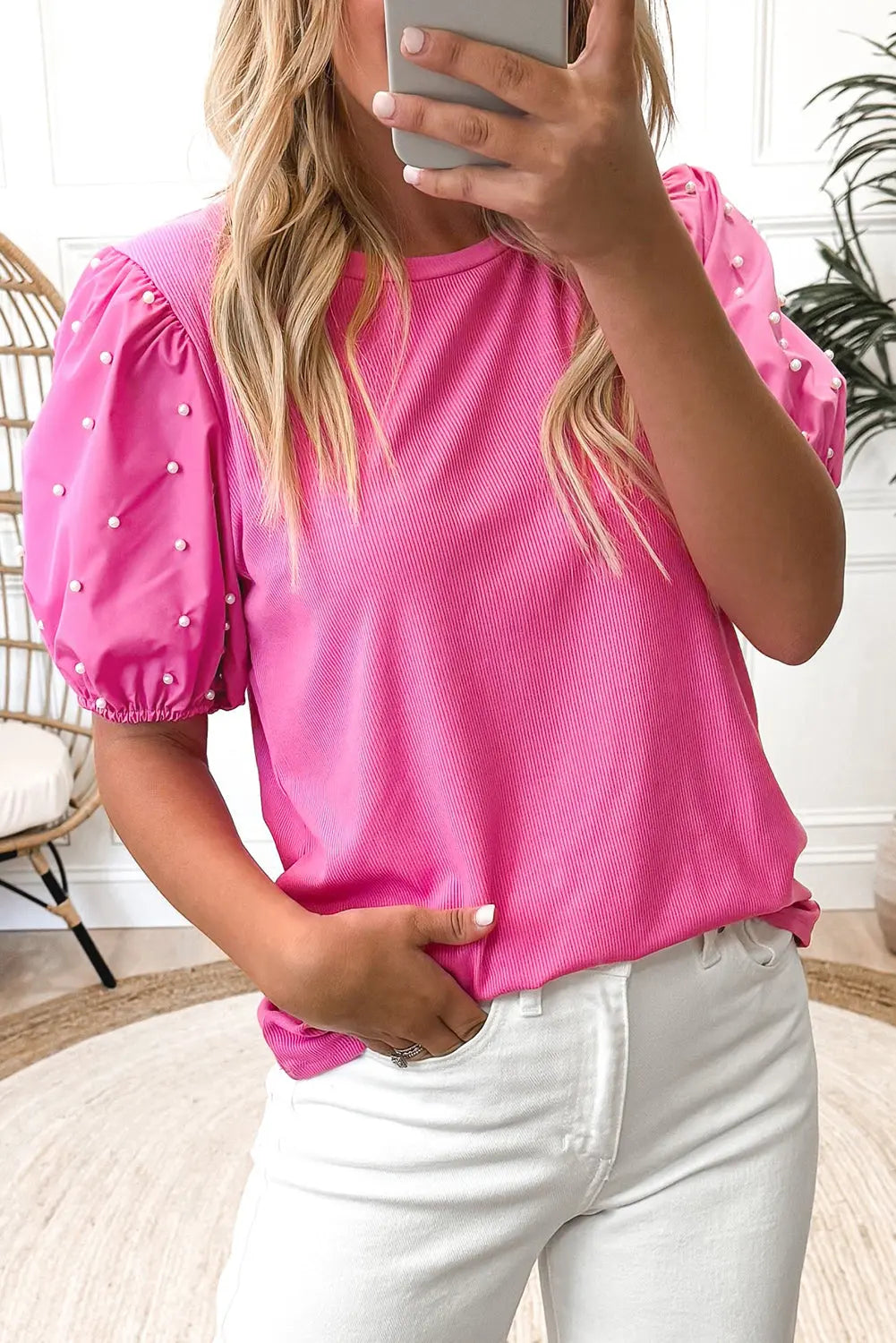 Bright Pink Ribbed Pearl Beaded Puff Sleeve Top Dear-Lover Dropshipping
