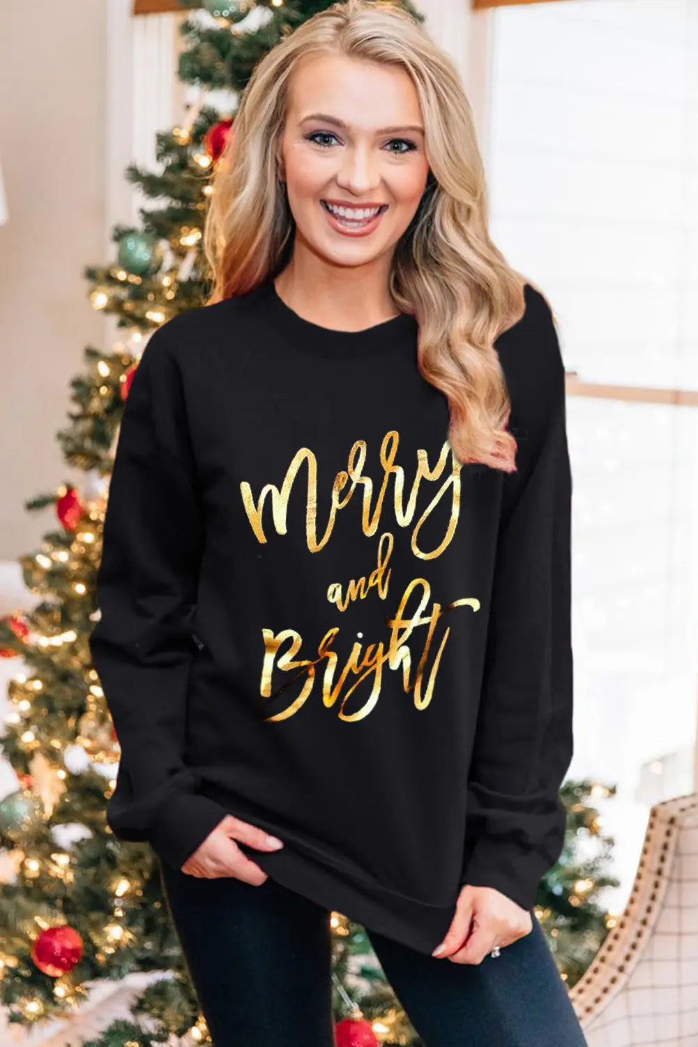 Black Merry & Bright Letter Print Pullover Sweatshirt Dear-Lover Dropshipping