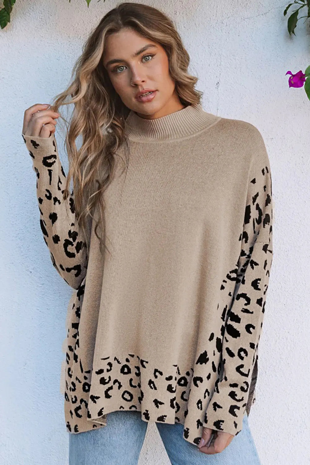 Khaki Leopard High Neck Side Slit Oversized Sweater Dear-Lover Dropshipping