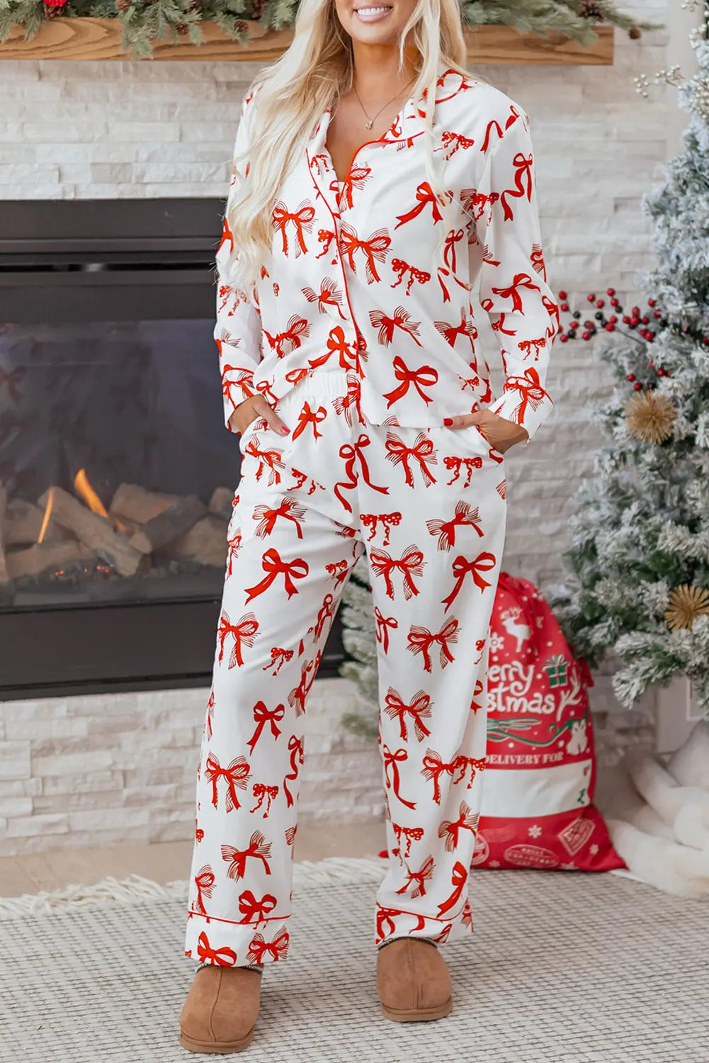 Red Christmas Bow Print Long 2pcs Pajama Set Dear-Lover Dropshipping