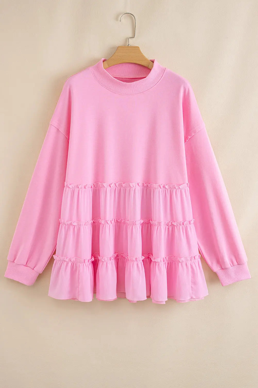 Pink Tiered Ruffle Ribbed Crew Neck Pullover Plus Size Top Dear-Lover Dropshipping