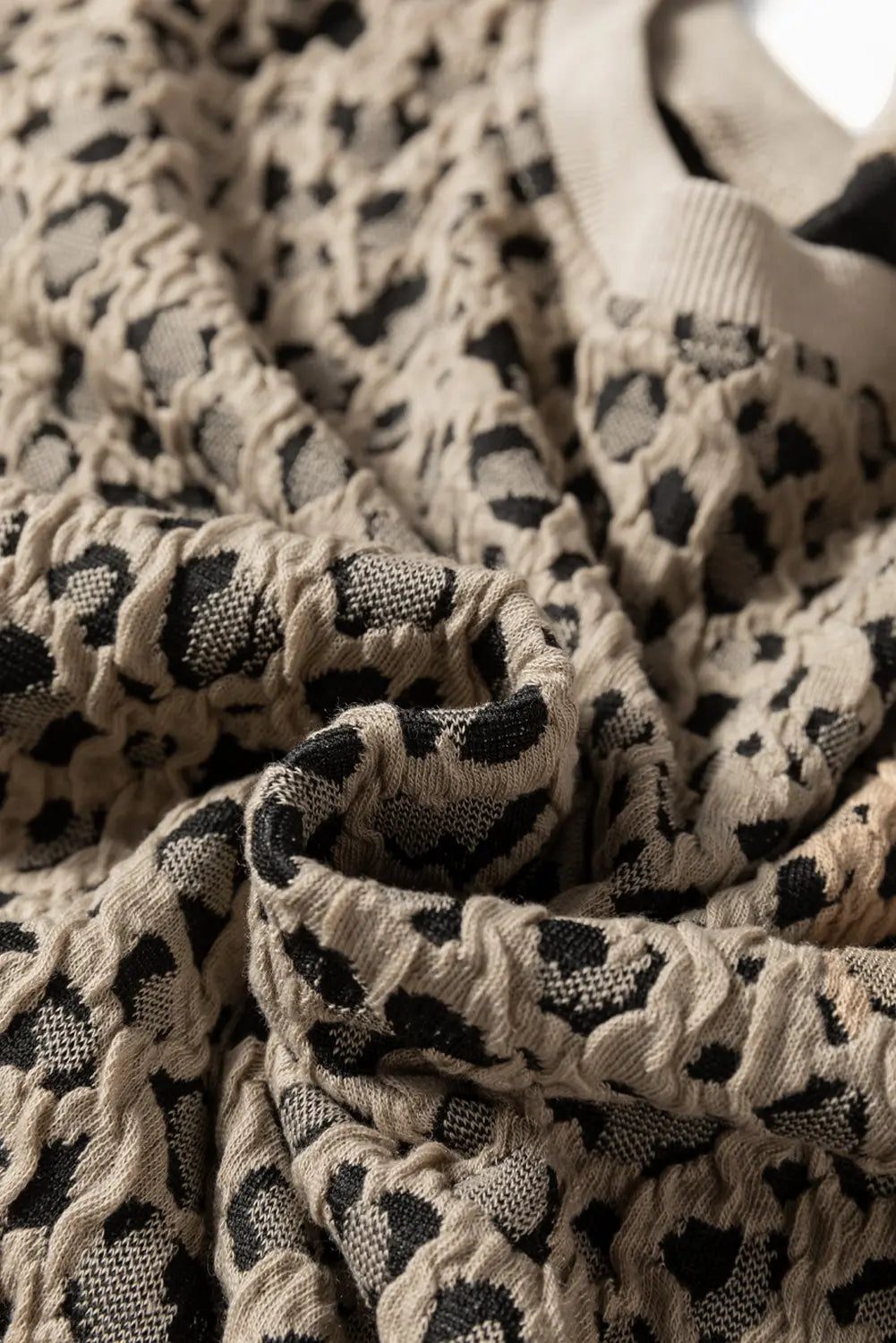 Khaki Ribbed Trim Leopard Print Long Sleeve Top Dear-Lover Dropshipping