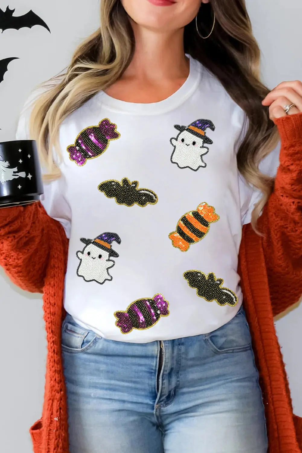 White Sequined Halloween Spirit Pattern Patched Custom Casual Tee Dear-Lover Dropshipping