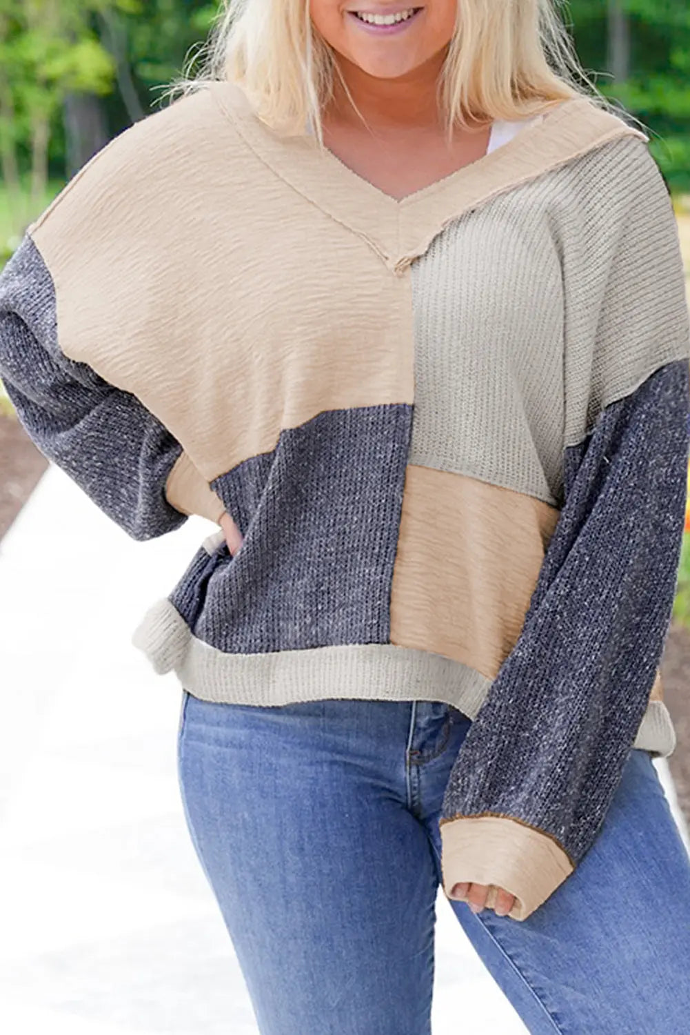 Ashleigh Blue Plus Size Textured Colorblock Patchwork V Neck Top Dear-Lover Dropshipping